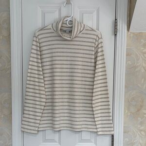 Ann Taylor The Weekend Collection Striped Beige and Cream Cotton Long Sleeve Top